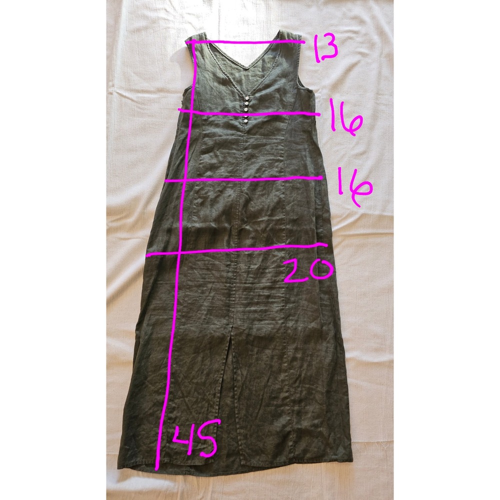 Petite Sophisticate Olive Green Linen Maxi Dress V-Neck Shell Button Slit Sz 0 - Picture 4 of 9